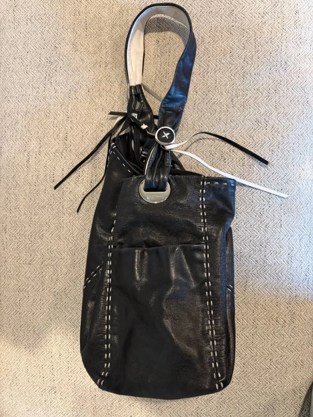 Francesco Biasia Black Leather Hobo Bag Slouchy Shoulder Bag Contrast Stitch